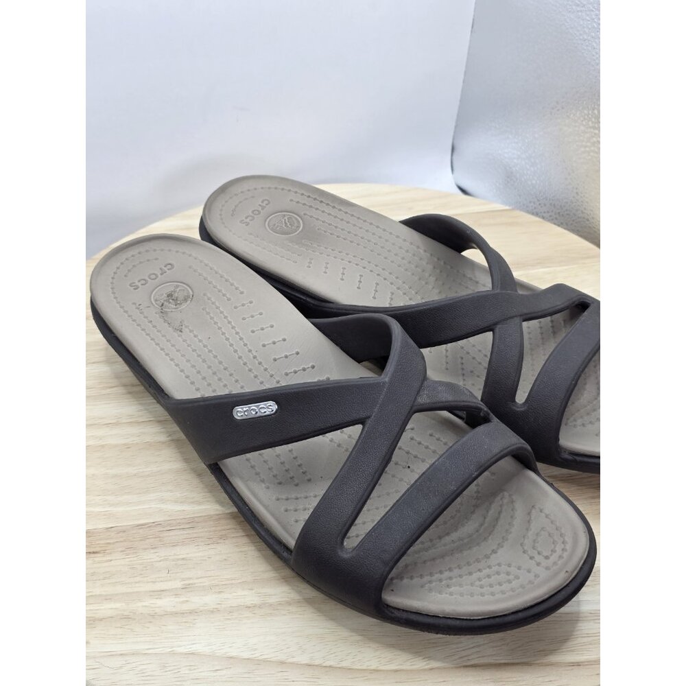 CROCS Patricia II Womens Size 11 Brown/Tan Criss Cross Low Wedge Sandals - Picture 6 of 9